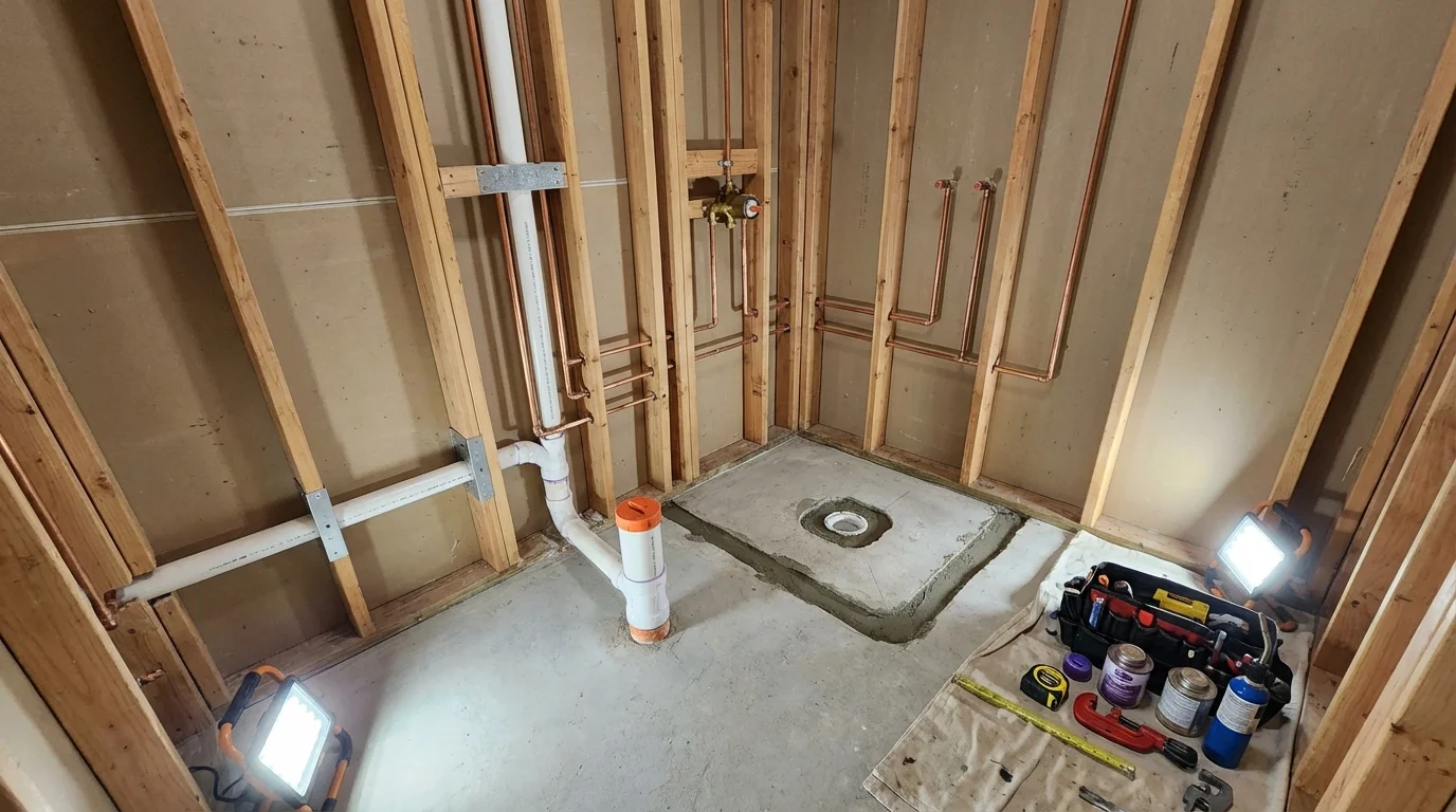 Bathroom rough-in plumbing during remodel by Johns Plumbing LLC in Boscobel