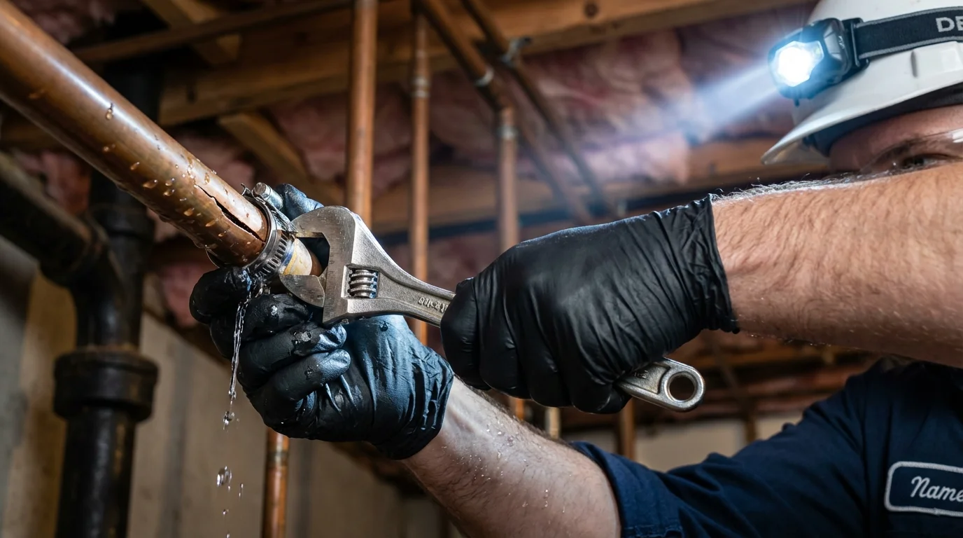 Emergency pipe clamp repair being performed by a Johns Plumbing LLC plumber in Boscobel