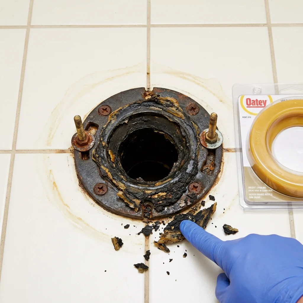 Failed wax ring showing water seepage at the base of a toilet in a Boscobel, WI home